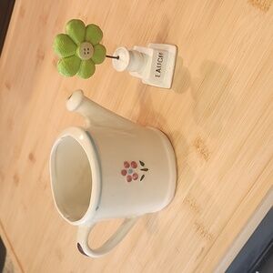 Floral Cream Watering Can Is (Vtg) Added A Ceramic Type. Flower On Stand 2 Piece